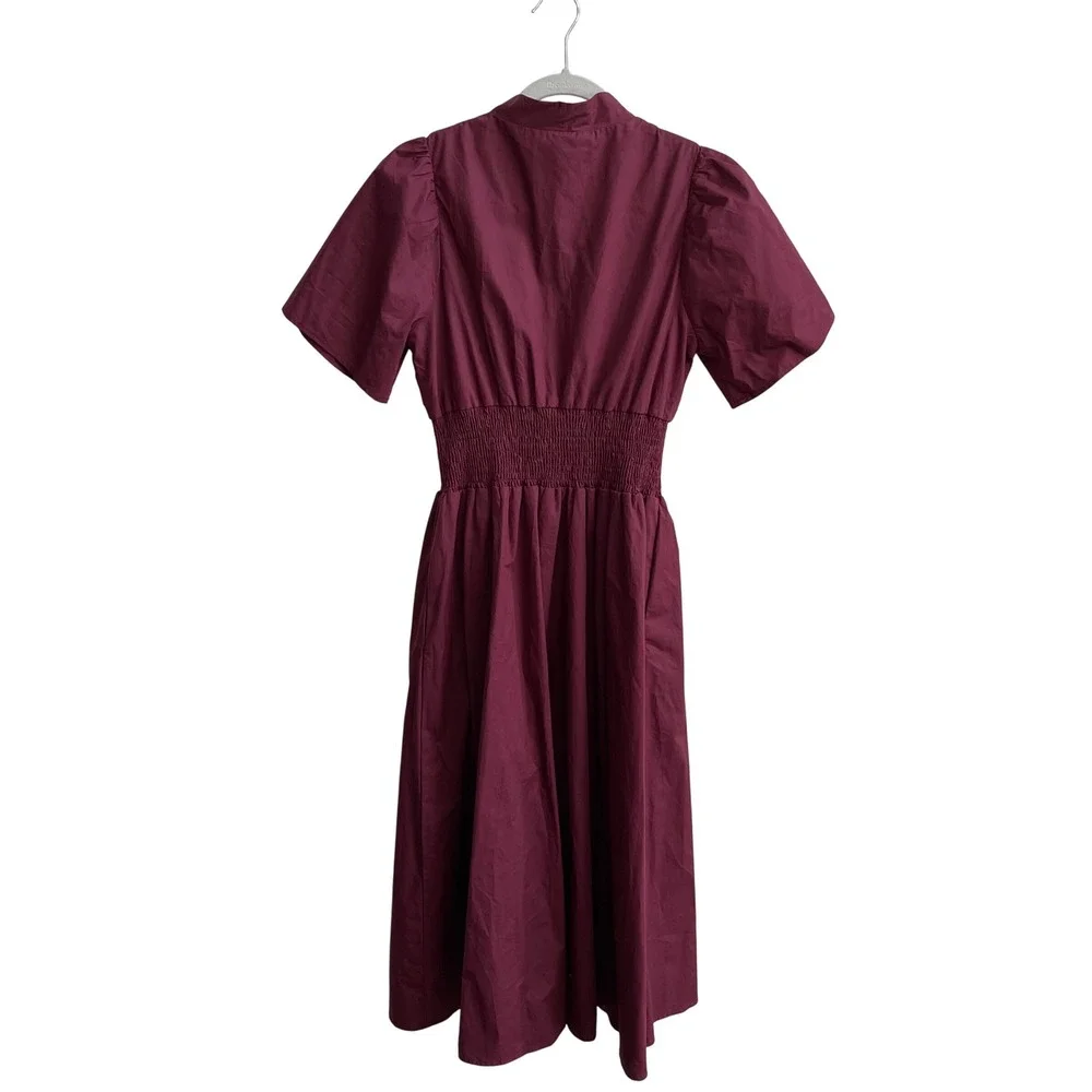 Style U Midi Dress Women Small Plum Smocked Waist Zip Front Cotton Puff Sleeve - Picture 5 of 10